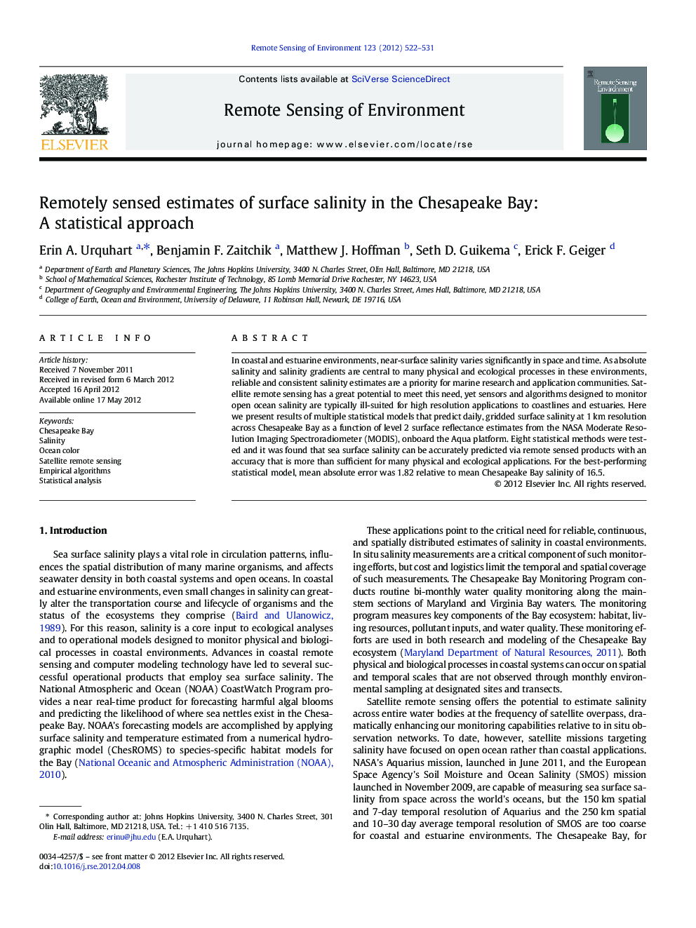 Remotely sensed estimates of surface salinity in the Chesapeake Bay: A statistical approach