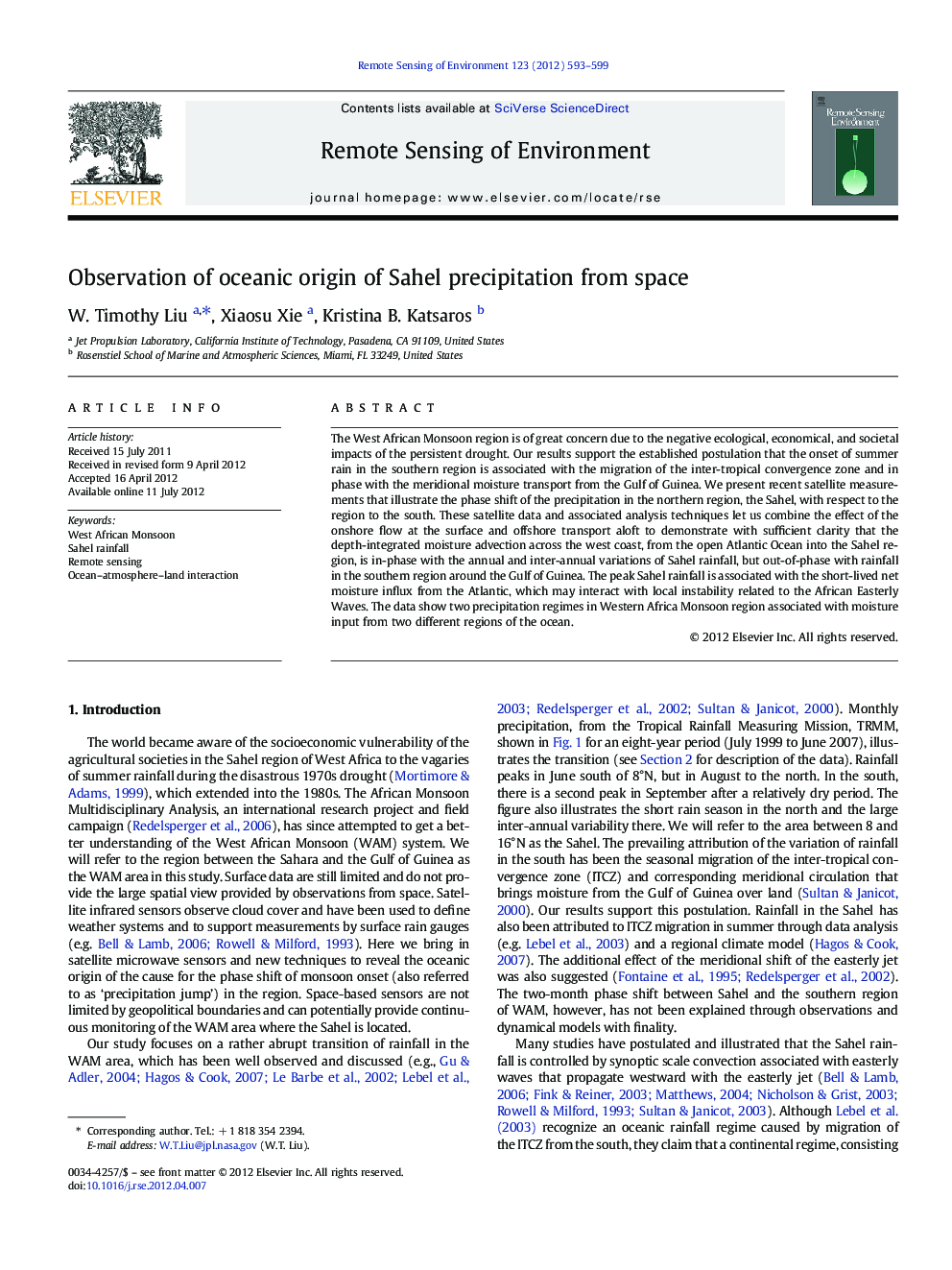 Observation of oceanic origin of Sahel precipitation from space