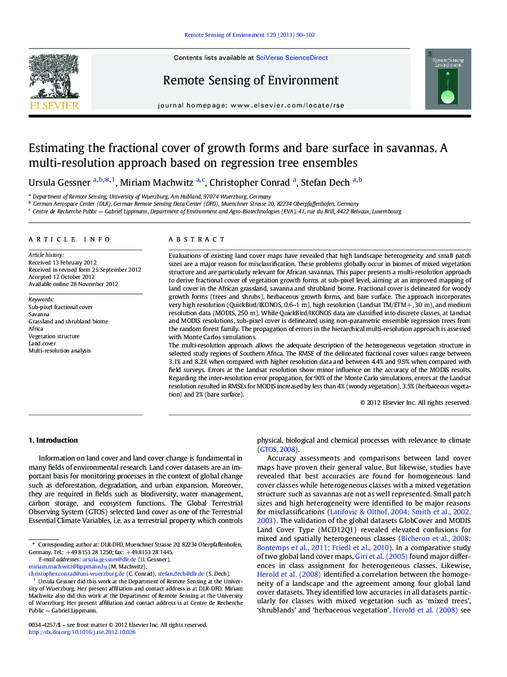 Estimating the fractional cover of growth forms and bare surface in savannas. A multi-resolution approach based on regression tree ensembles