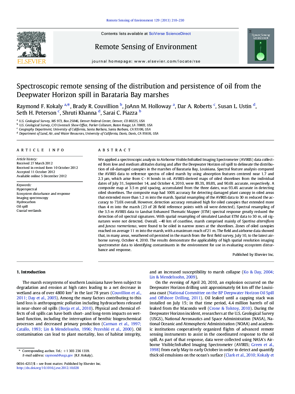 Spectroscopic remote sensing of the distribution and persistence of oil from the Deepwater Horizon spill in Barataria Bay marshes