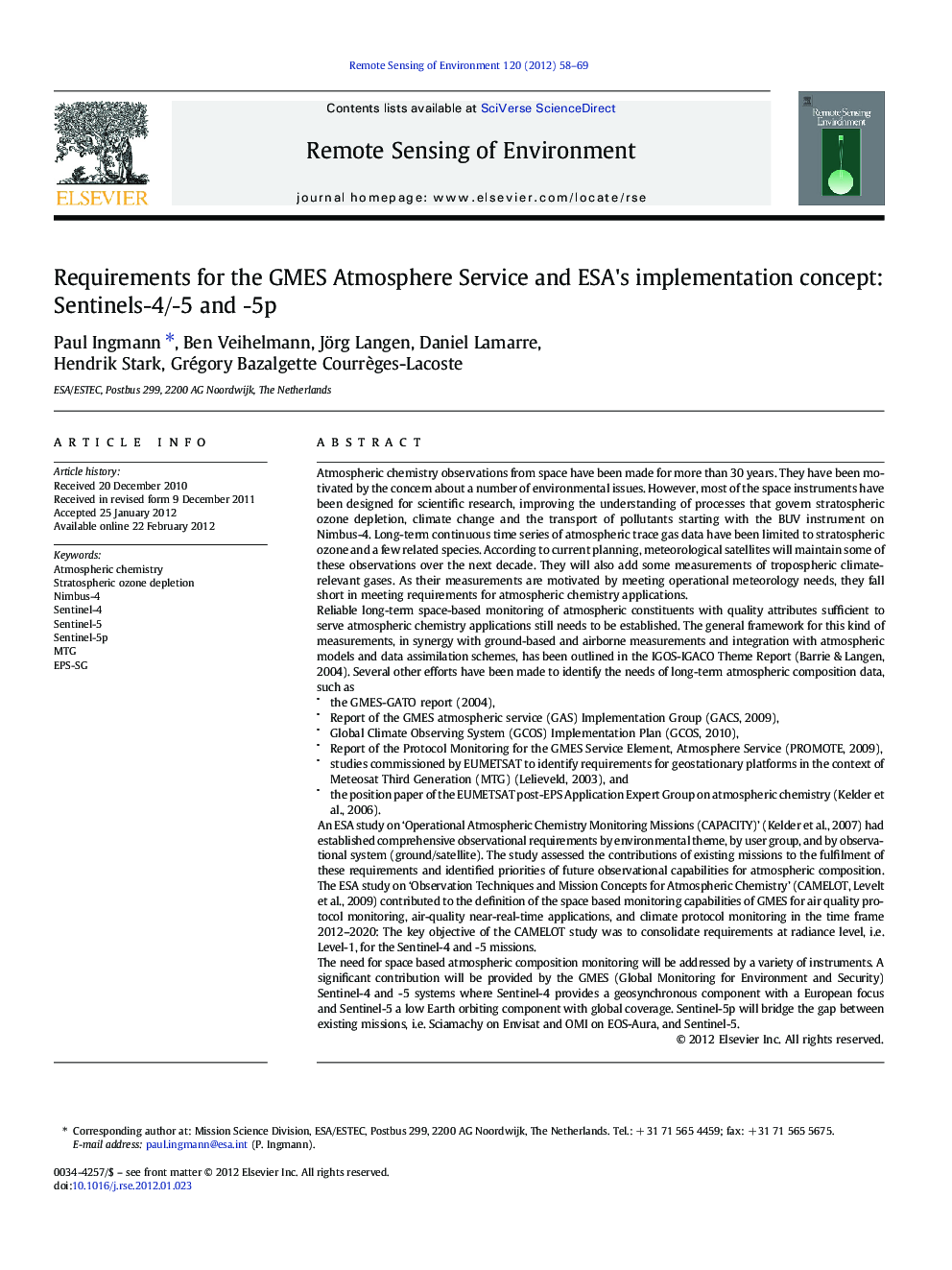 Requirements for the GMES Atmosphere Service and ESA's implementation concept: Sentinels-4/-5 and -5p