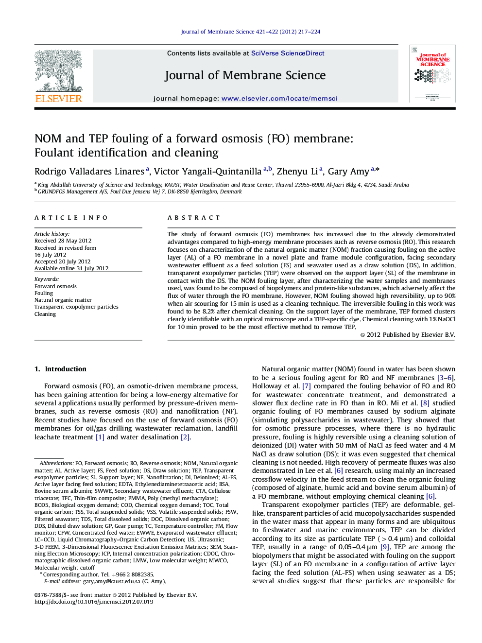 NOM and TEP fouling of a forward osmosis (FO) membrane: Foulant identification and cleaning