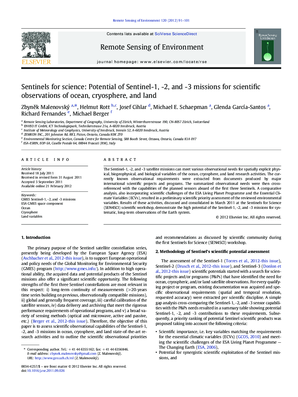 Sentinels for science: Potential of Sentinel-1, -2, and -3 missions for scientific observations of ocean, cryosphere, and land