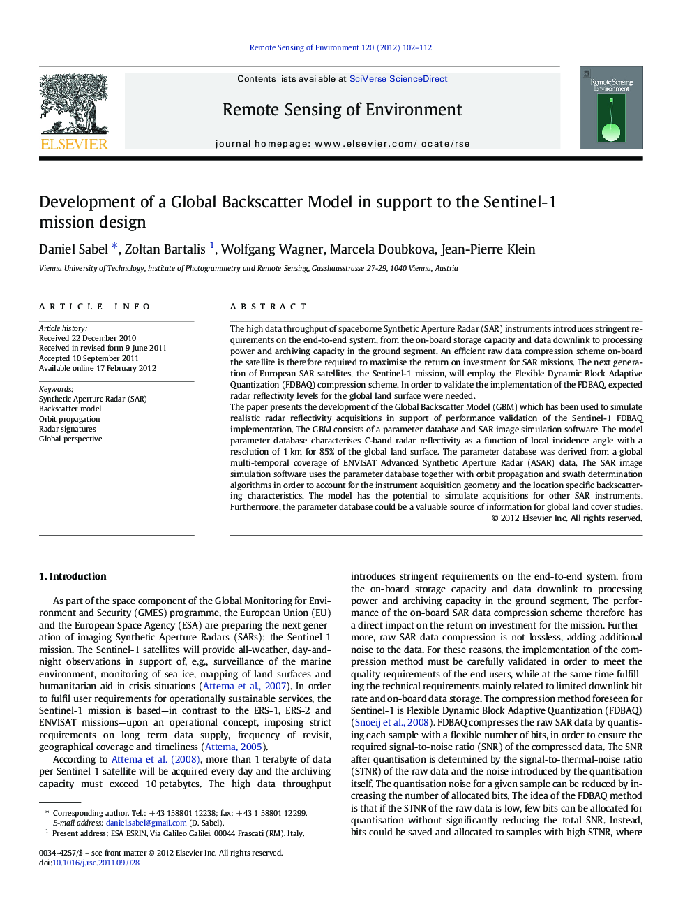 Development of a Global Backscatter Model in support to the Sentinel-1 mission design