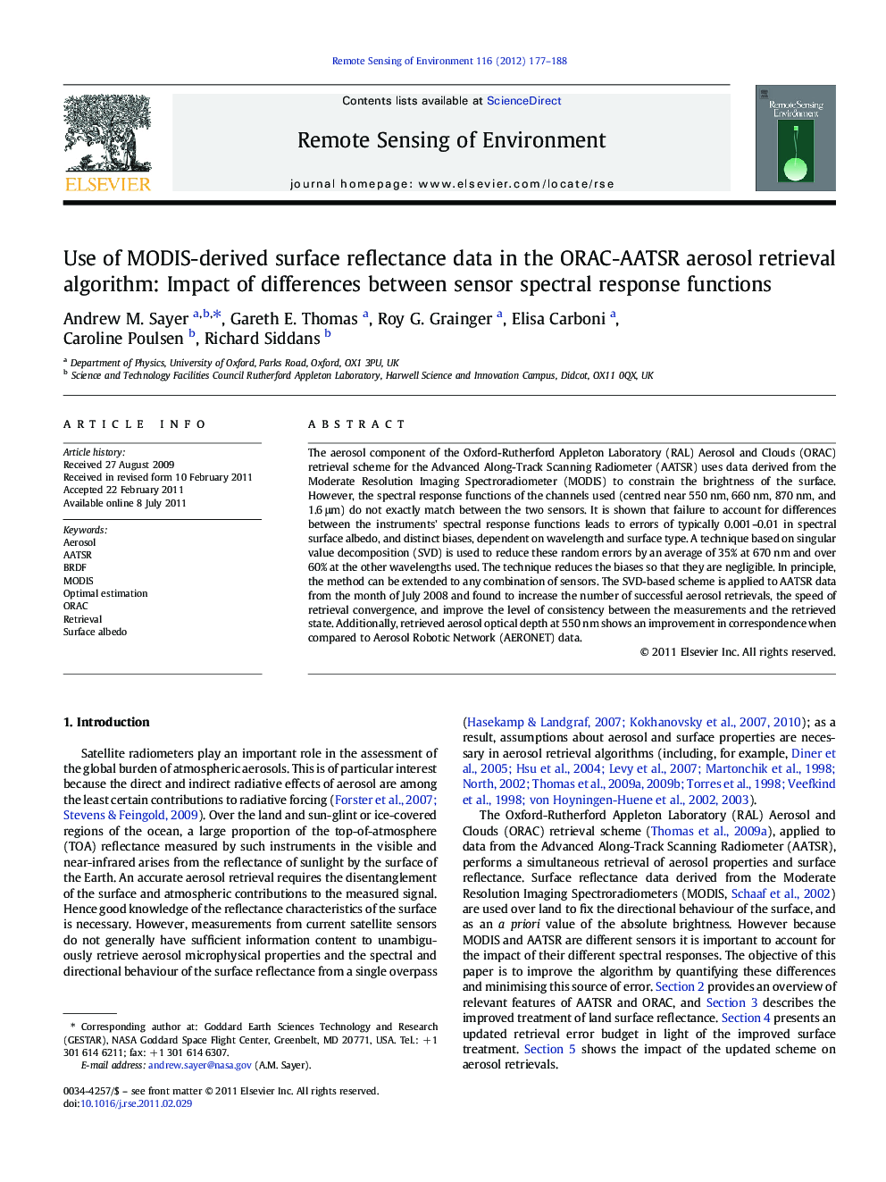 Use of MODIS-derived surface reflectance data in the ORAC-AATSR aerosol retrieval algorithm: Impact of differences between sensor spectral response functions