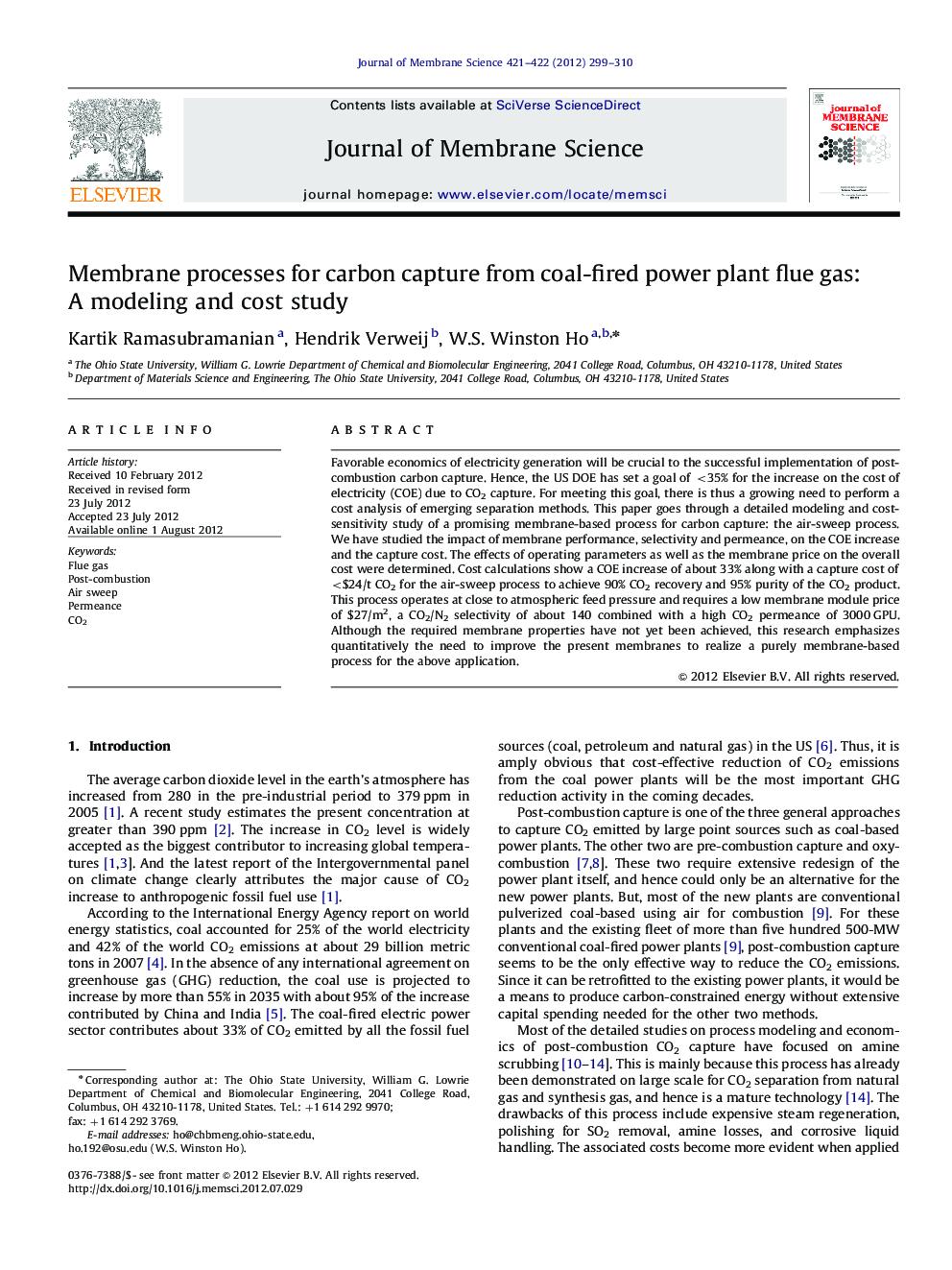 Membrane processes for carbon capture from coal-fired power plant flue gas: A modeling and cost study