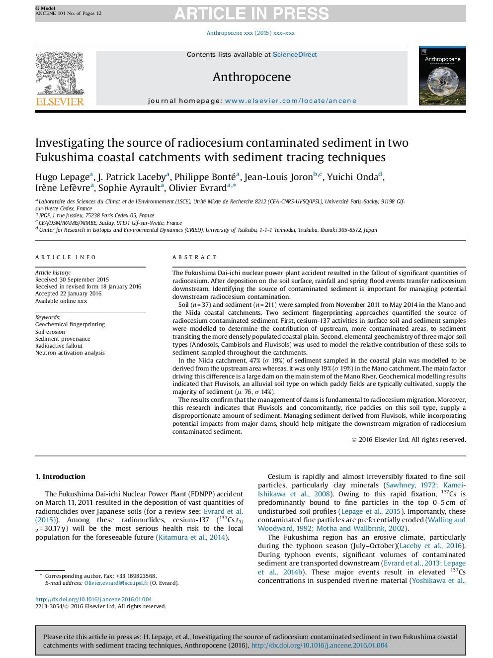 Investigating the source of radiocesium contaminated sediment in two Fukushima coastal catchments with sediment tracing techniques