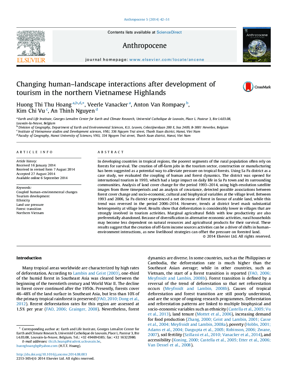 Changing human-landscape interactions after development of tourism in the northern Vietnamese Highlands