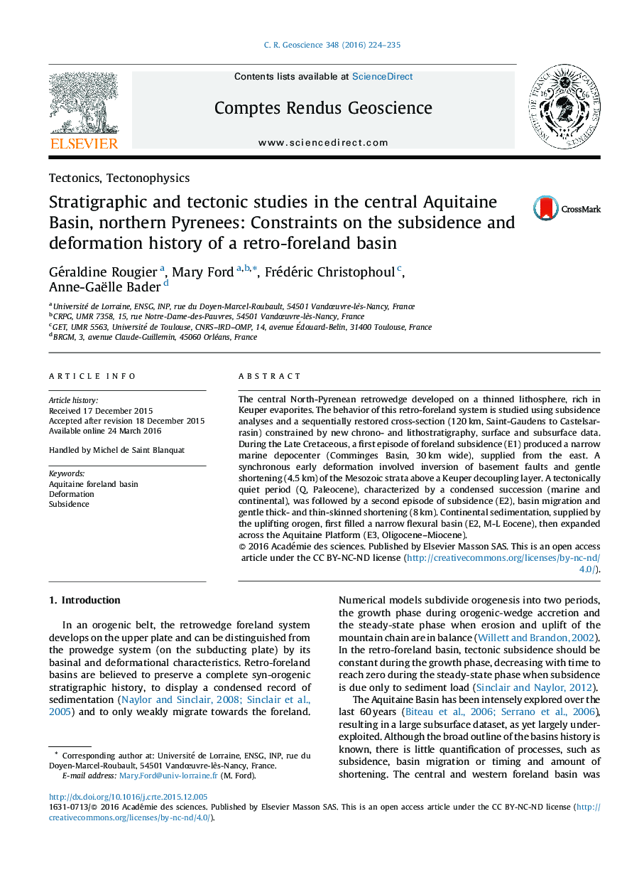 Tectonics, TectonophysicsStratigraphic and tectonic studies in the central Aquitaine Basin, northern Pyrenees: Constraints on the subsidence and deformation history of a retro-foreland basin
