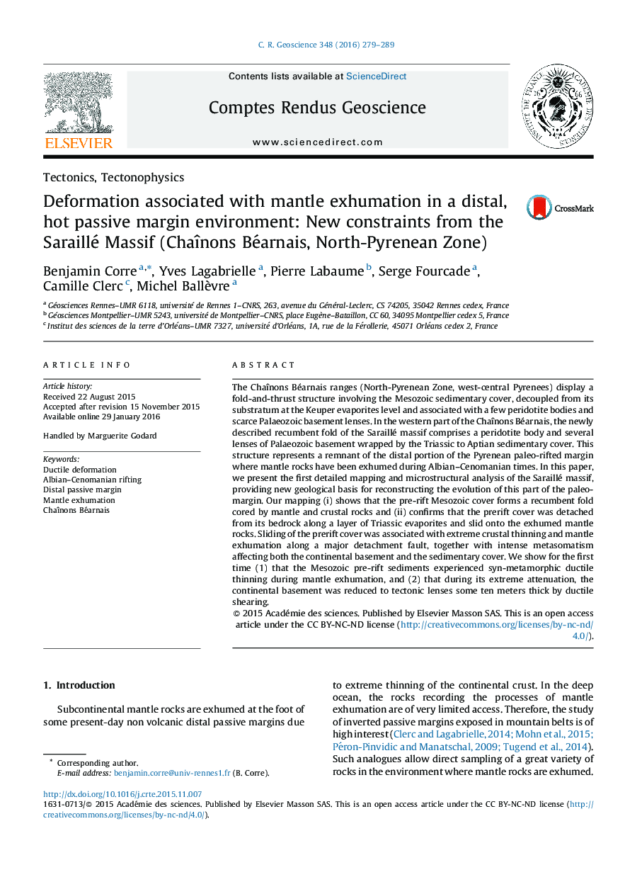 Deformation associated with mantle exhumation in a distal, hot passive margin environment: New constraints from the Saraillé Massif (ChaÃ®nons Béarnais, North-Pyrenean Zone)