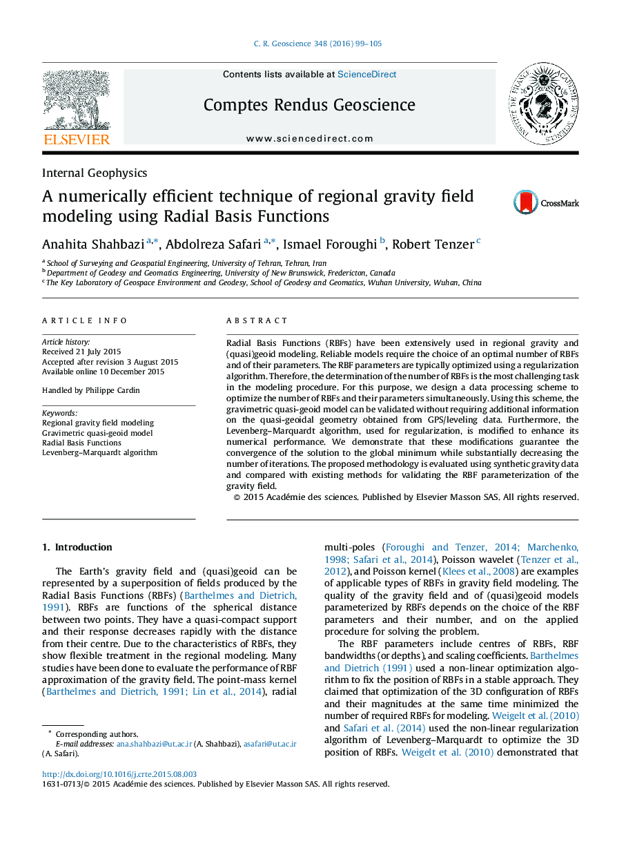 Internal GeophysicsA numerically efficient technique of regional gravity field modeling using Radial Basis Functions