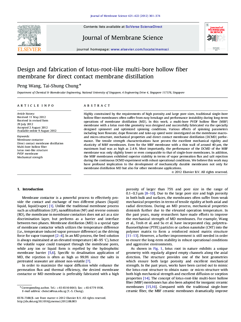 Design and fabrication of lotus-root-like multi-bore hollow fiber membrane for direct contact membrane distillation