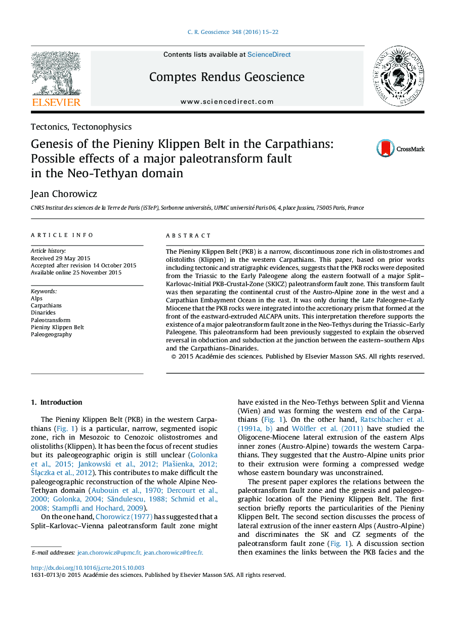 Genesis of the Pieniny Klippen Belt in the Carpathians: Possible effects of a major paleotransform fault in the Neo-Tethyan domain