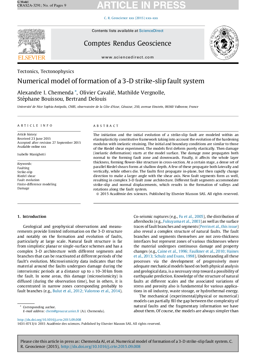 Numerical model of formation of a 3-D strike-slip fault system