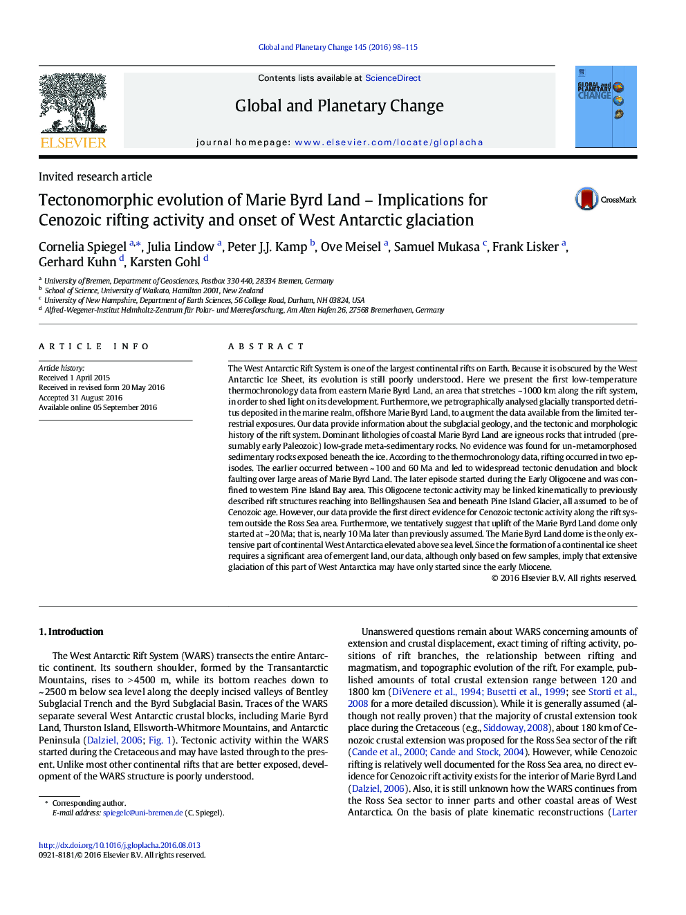 Tectonomorphic evolution of Marie Byrd Land - Implications for Cenozoic rifting activity and onset of West Antarctic glaciation