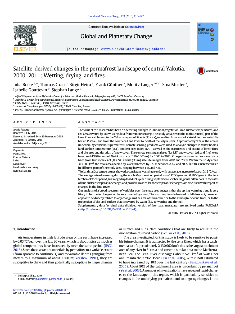 Satellite-derived changes in the permafrost landscape of central Yakutia, 2000–2011: Wetting, drying, and fires