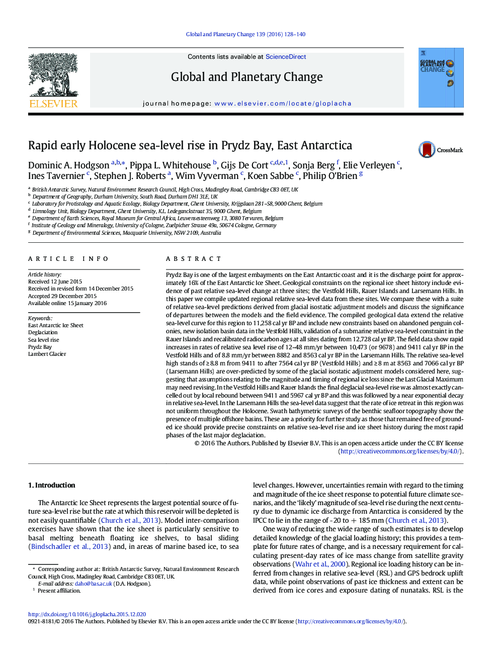 Rapid early Holocene sea-level rise in Prydz Bay, East Antarctica