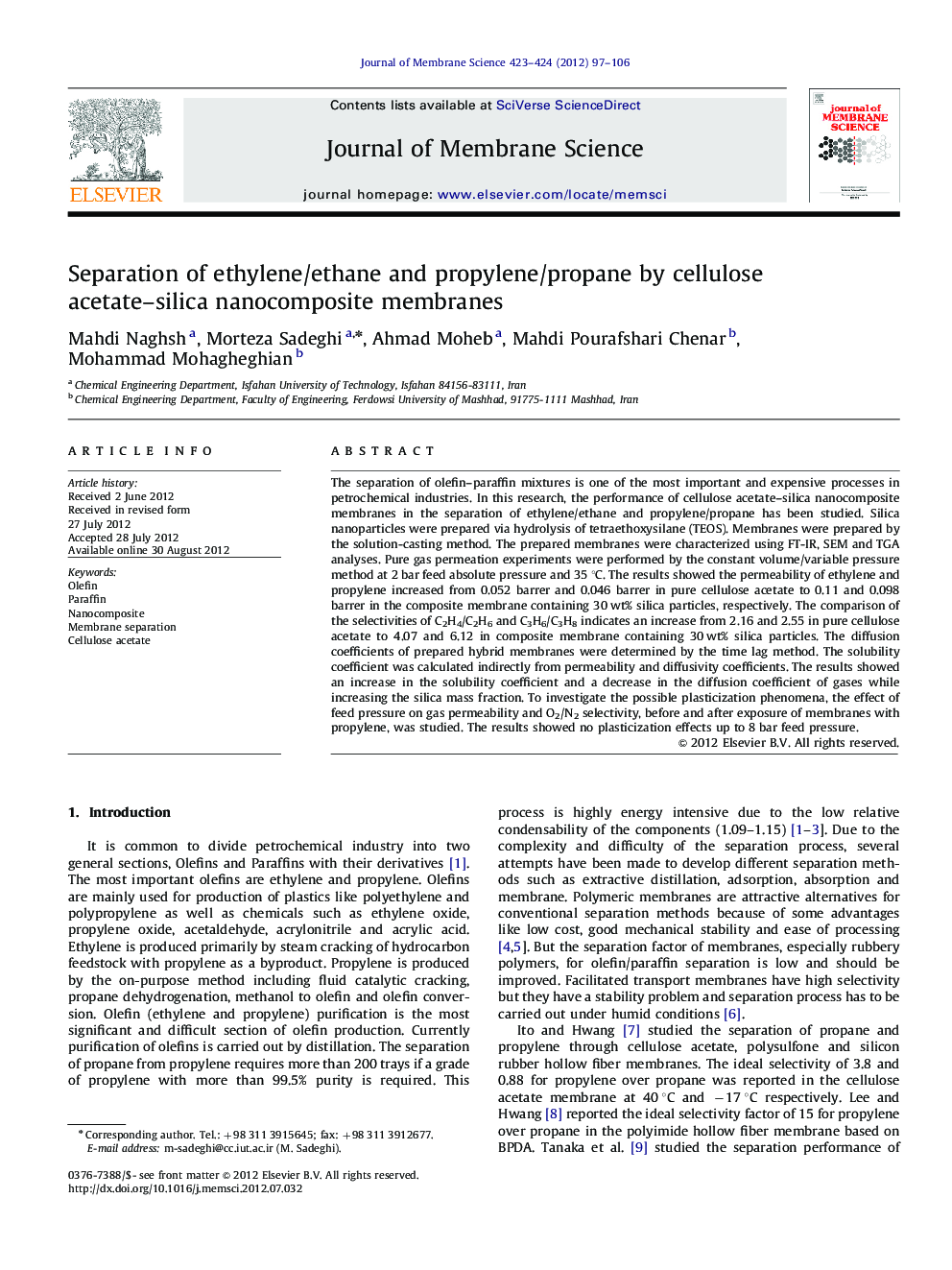 Separation of ethylene/ethane and propylene/propane by cellulose acetate-silica nanocomposite membranes