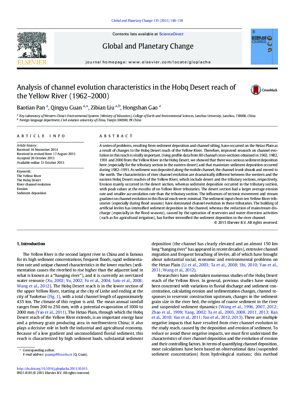 Analysis of channel evolution characteristics in the Hobq Desert reach of the Yellow River (1962-2000)