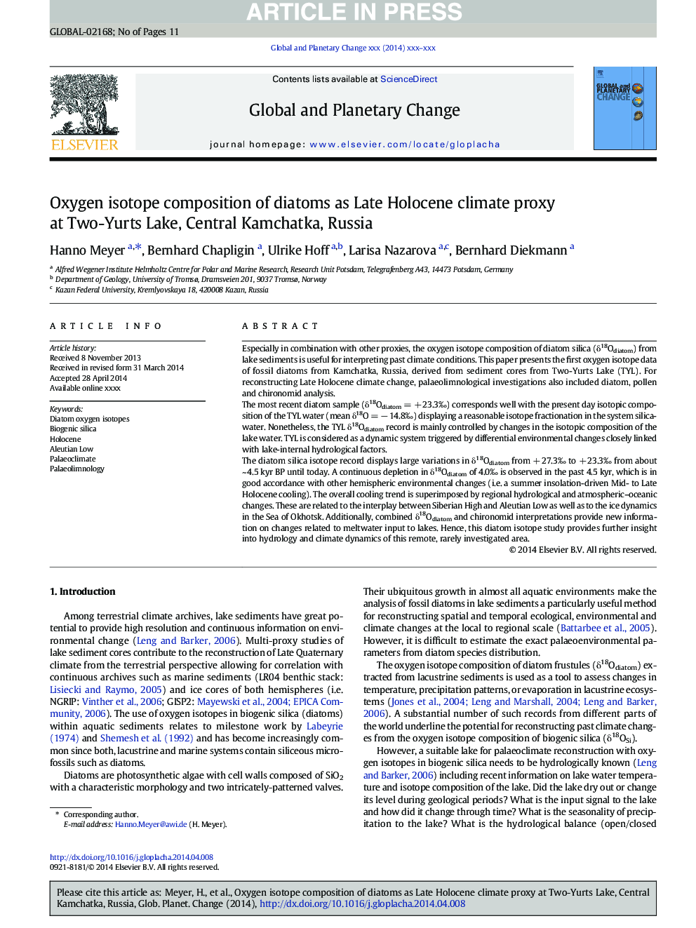 Oxygen isotope composition of diatoms as Late Holocene climate proxy at Two-Yurts Lake, Central Kamchatka, Russia