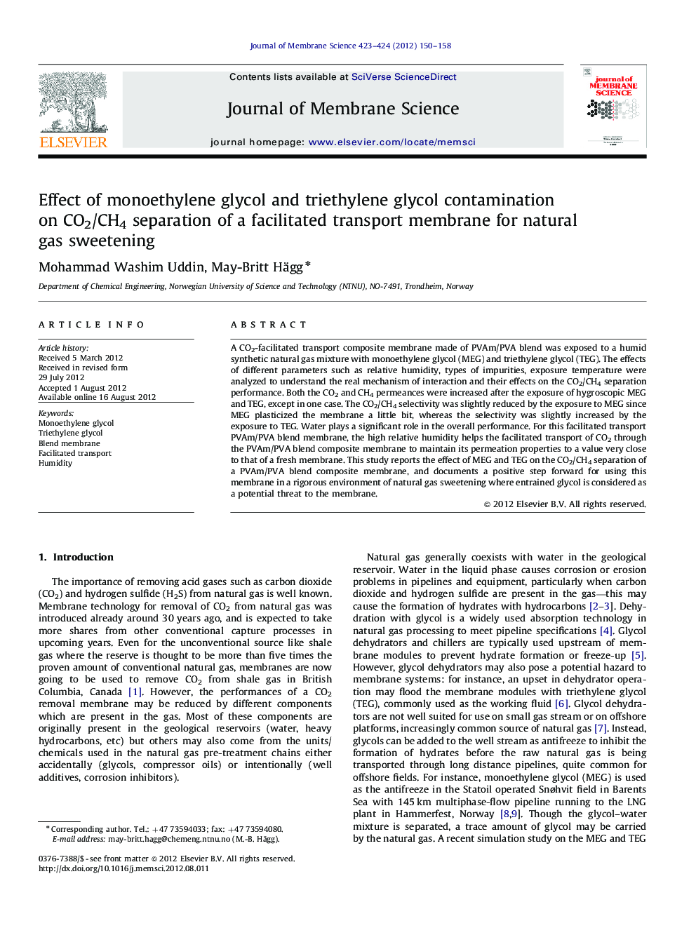 Effect of monoethylene glycol and triethylene glycol contamination on CO2/CH4 separation of a facilitated transport membrane for natural gas sweetening