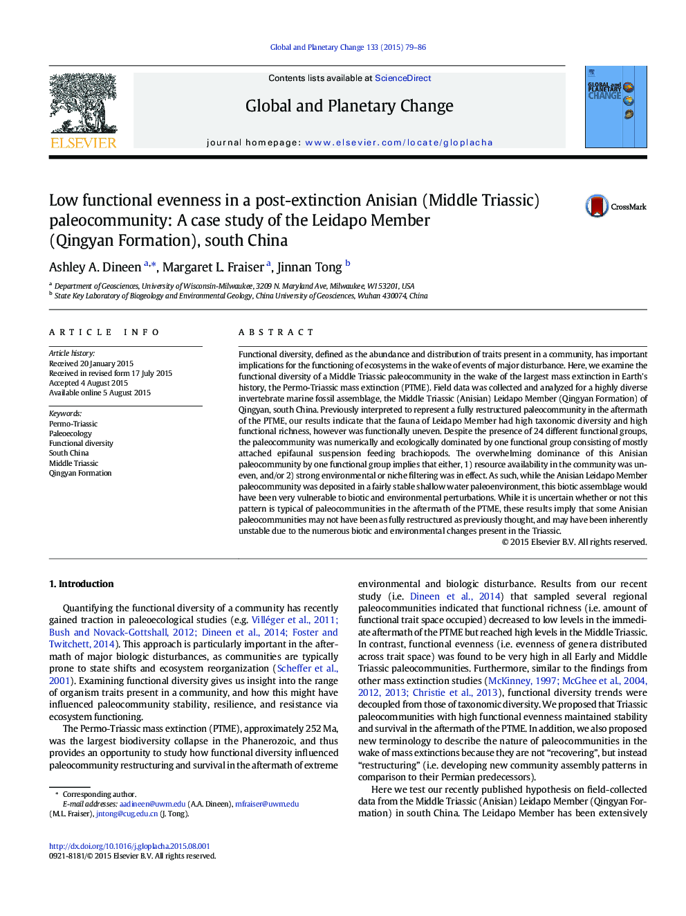 Low functional evenness in a post-extinction Anisian (Middle Triassic) paleocommunity: A case study of the Leidapo Member (Qingyan Formation), south China