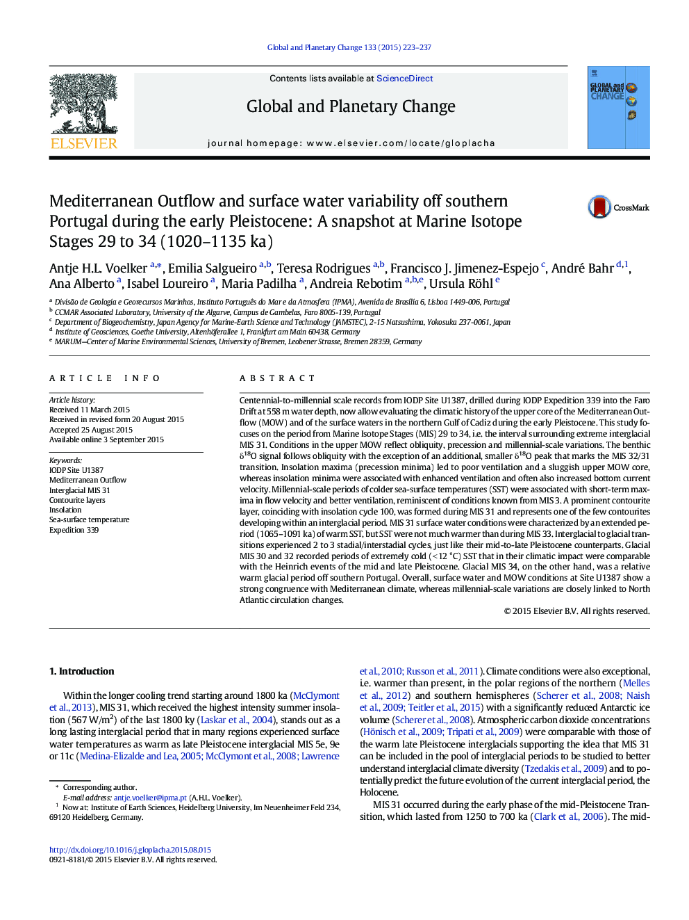 Mediterranean Outflow and surface water variability off southern Portugal during the early Pleistocene: A snapshot at Marine Isotope Stages 29 to 34 (1020-1135Â ka)