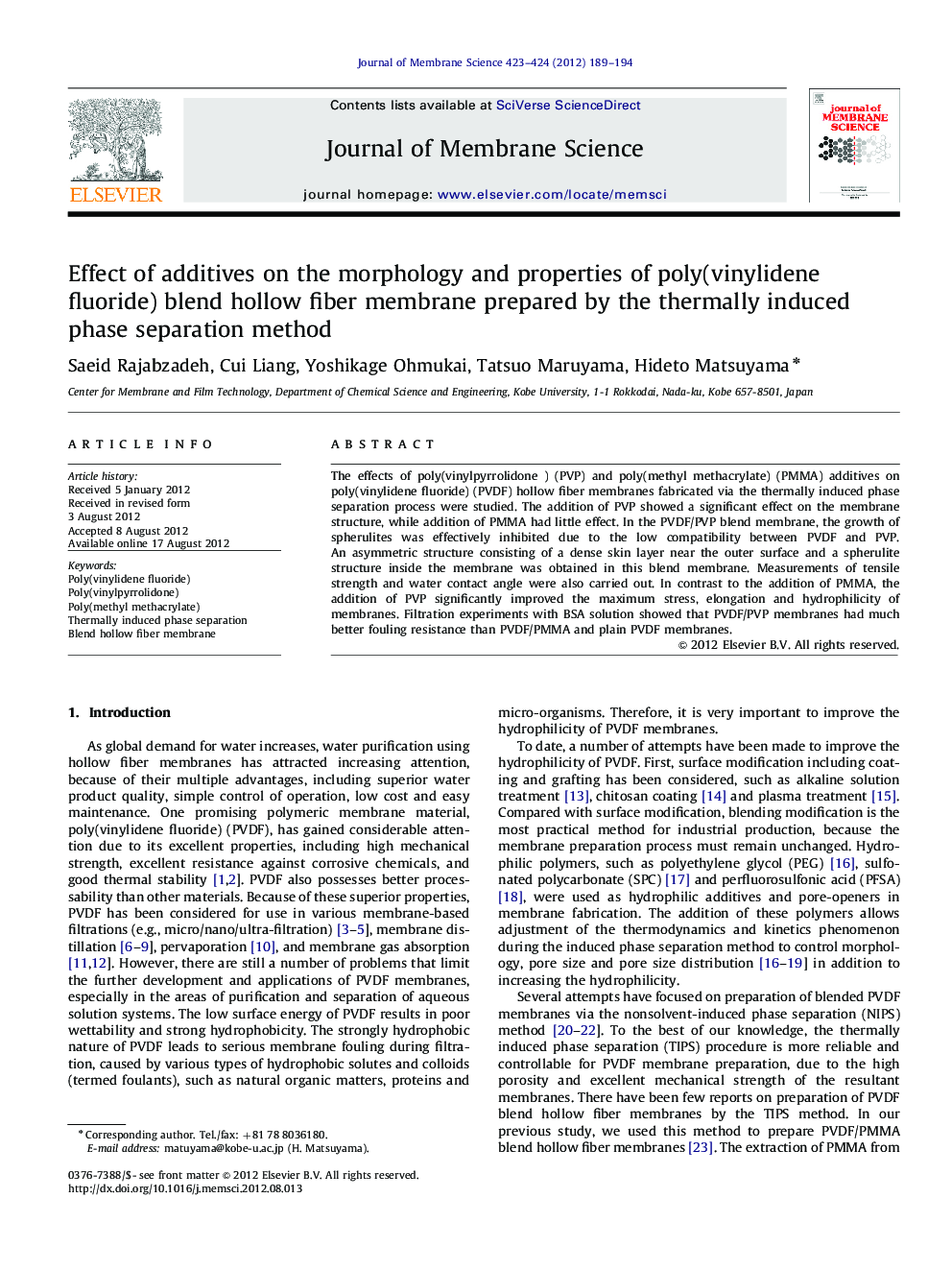 Effect of additives on the morphology and properties of poly(vinylidene fluoride) blend hollow fiber membrane prepared by the thermally induced phase separation method