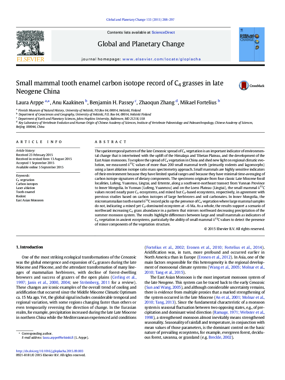 Small mammal tooth enamel carbon isotope record of C4 grasses in late Neogene China