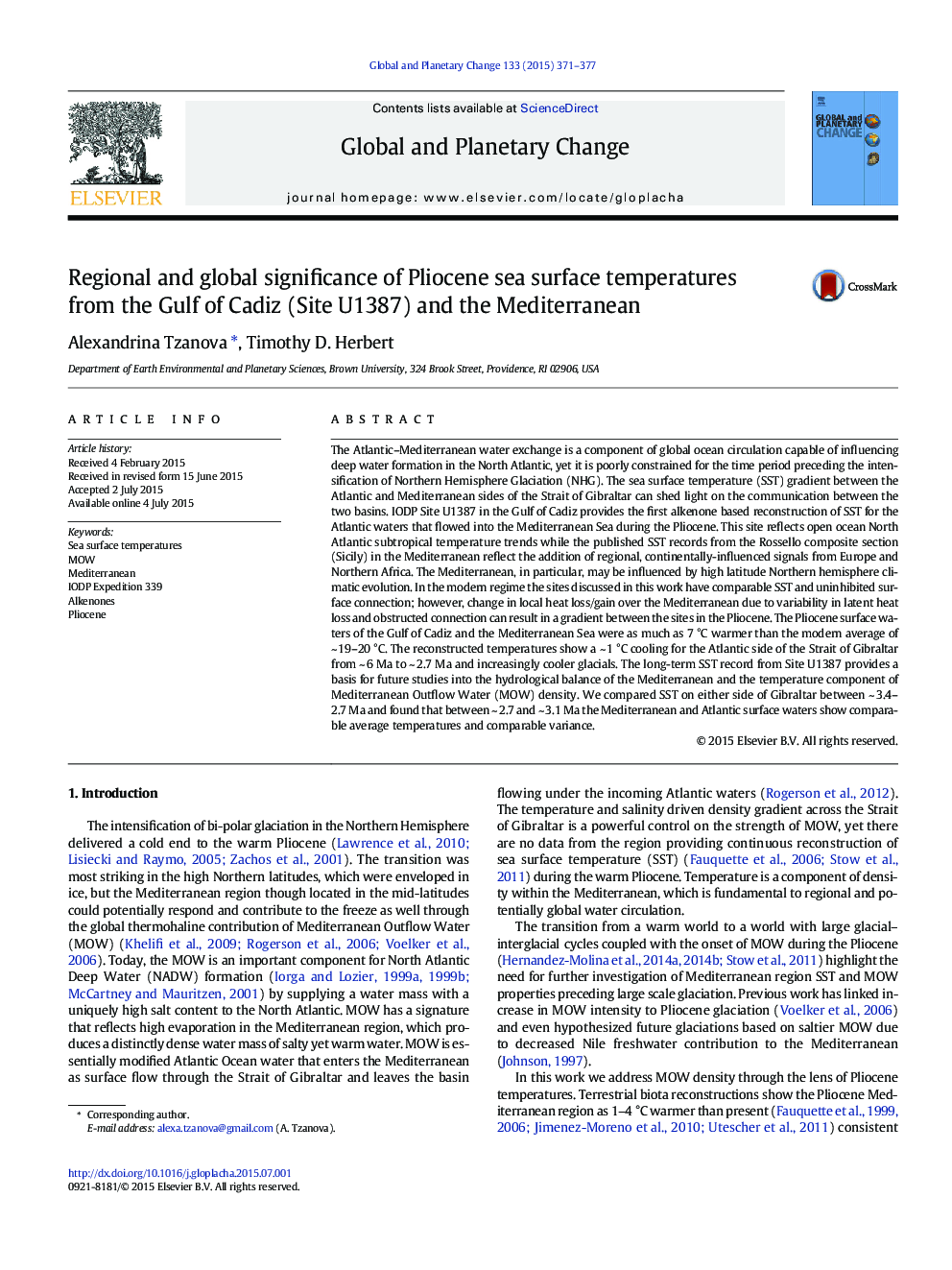 Regional and global significance of Pliocene sea surface temperatures from the Gulf of Cadiz (Site U1387) and the Mediterranean