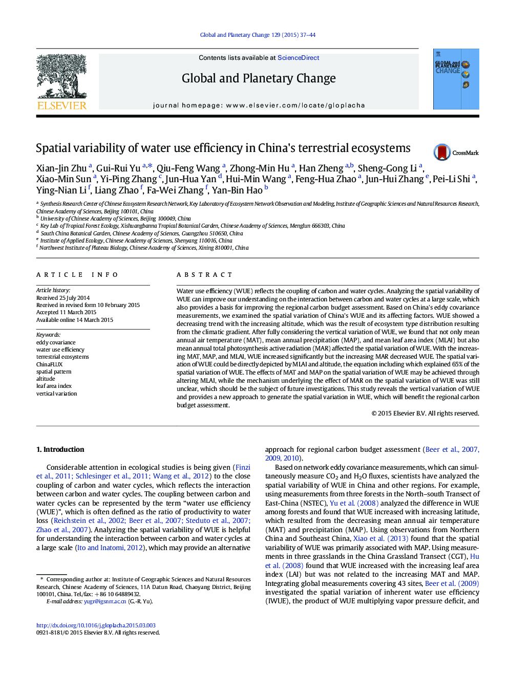 Spatial variability of water use efficiency in China's terrestrial ecosystems