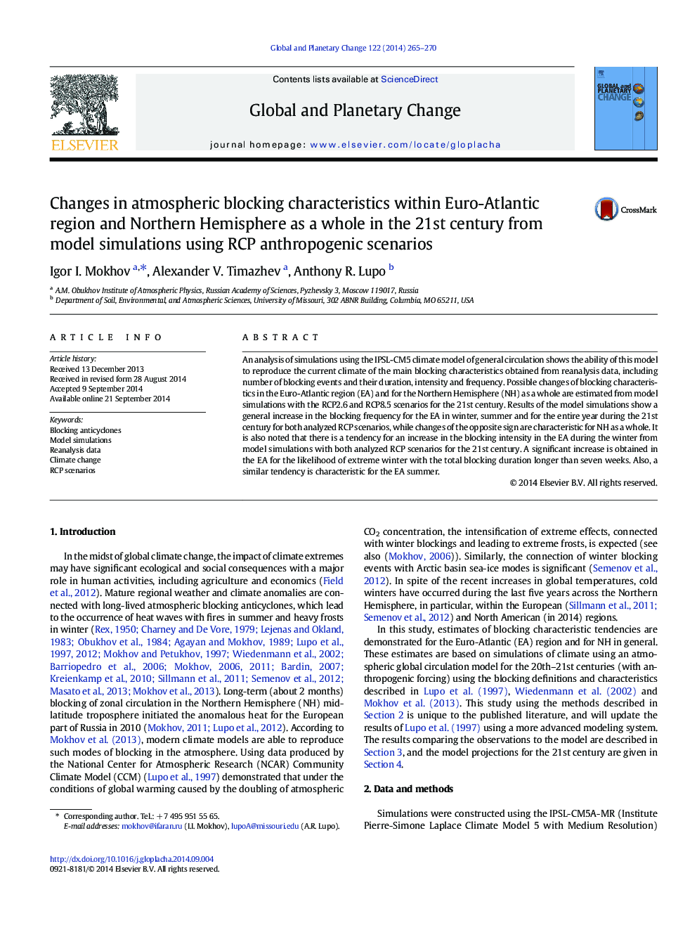 Changes in atmospheric blocking characteristics within Euro-Atlantic region and Northern Hemisphere as a whole in the 21st century from model simulations using RCP anthropogenic scenarios