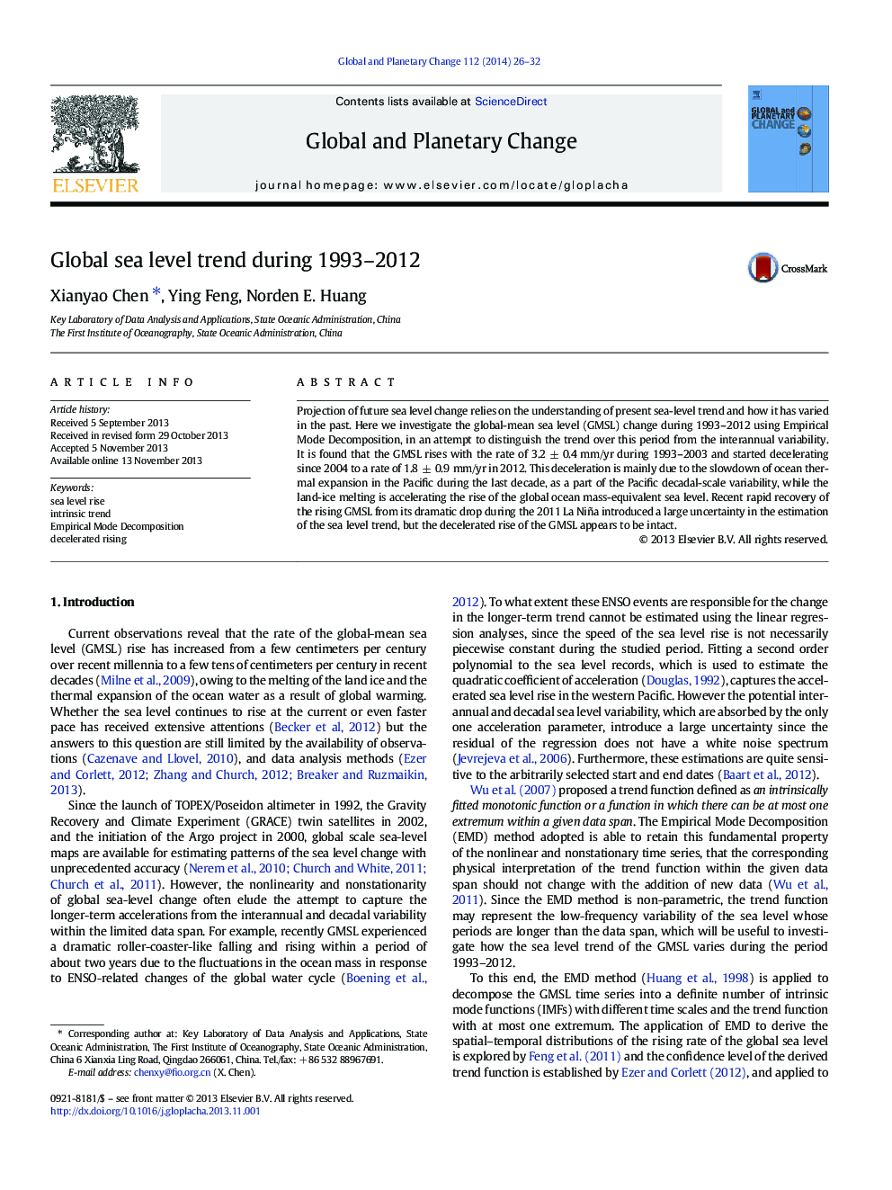 Global sea level trend during 1993-2012