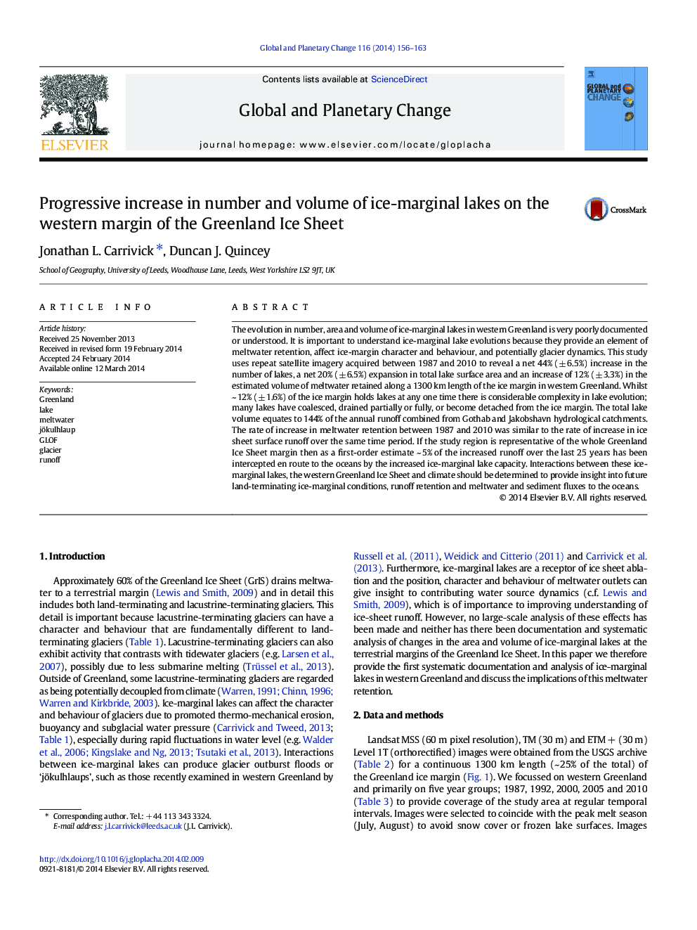 Progressive increase in number and volume of ice-marginal lakes on the western margin of the Greenland Ice Sheet