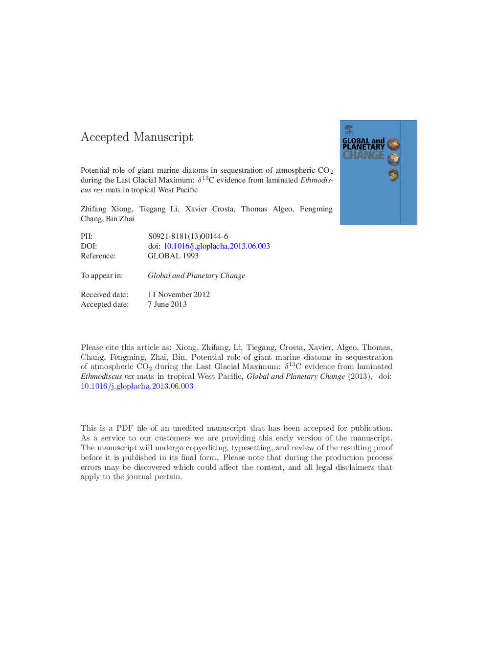 Potential role of giant marine diatoms in sequestration of atmospheric CO2 during the Last Glacial Maximum: Î´13C evidence from laminated Ethmodiscus rex mats in tropical West Pacific