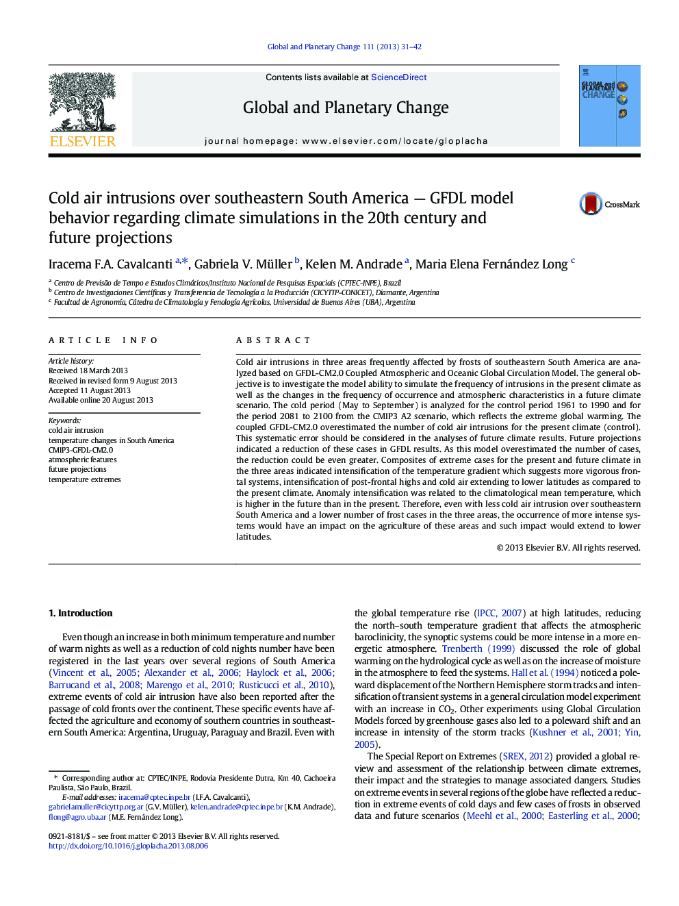 Cold air intrusions over southeastern South America - GFDL model behavior regarding climate simulations in the 20th century and future projections