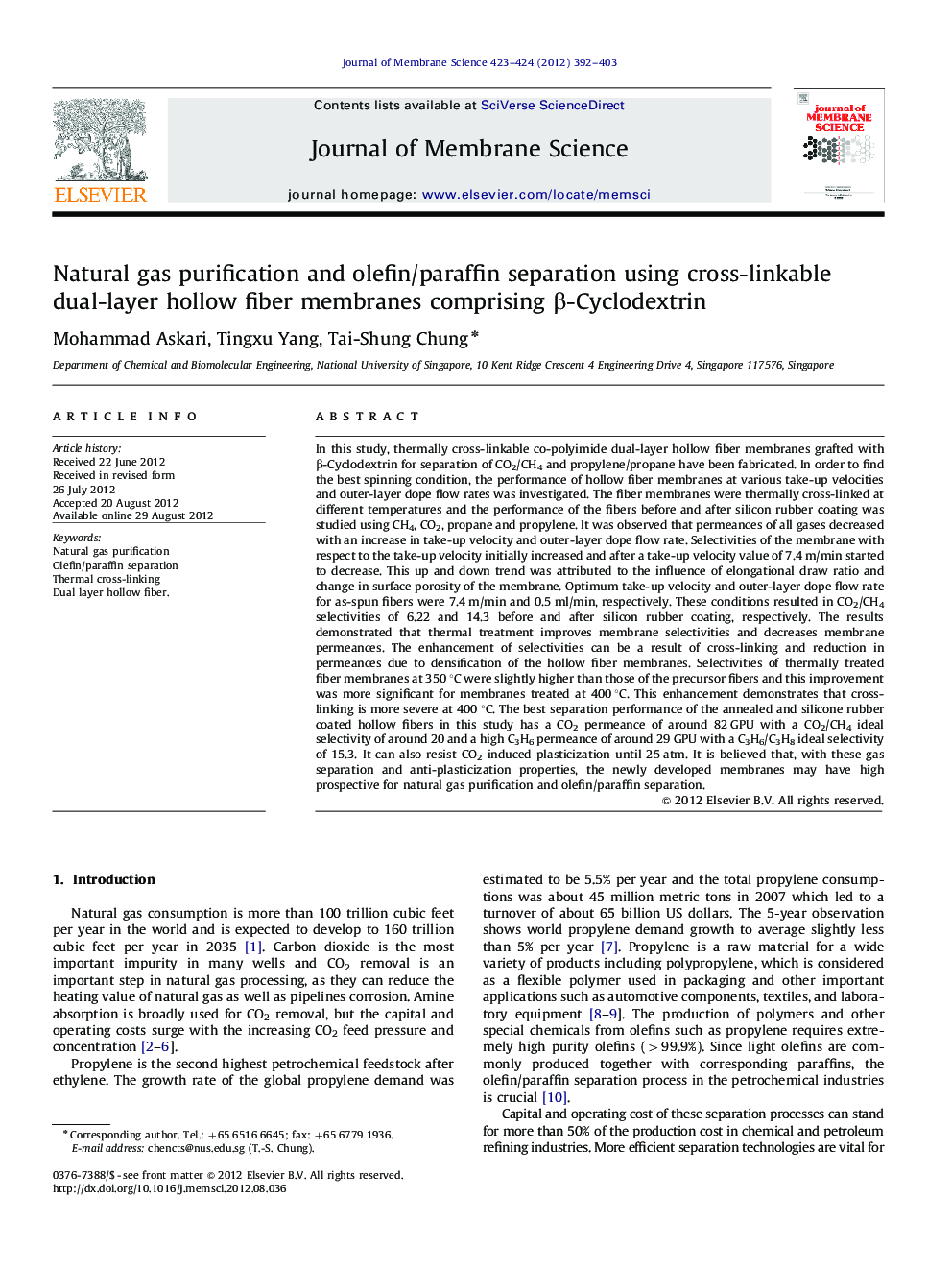 Natural gas purification and olefin/paraffin separation using cross-linkable dual-layer hollow fiber membranes comprising β-Cyclodextrin