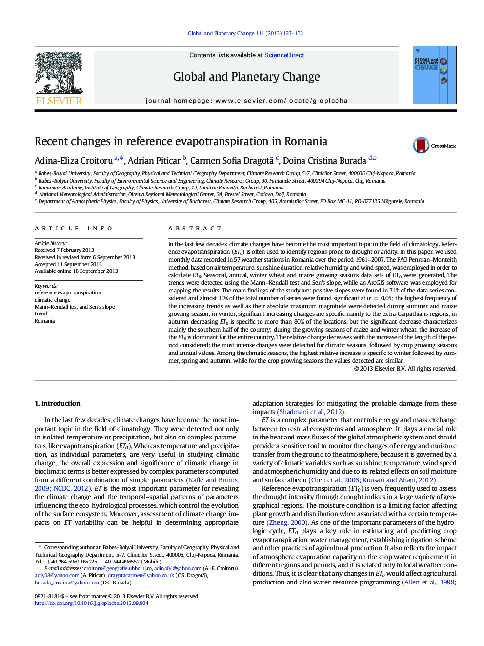 Recent changes in reference evapotranspiration in Romania