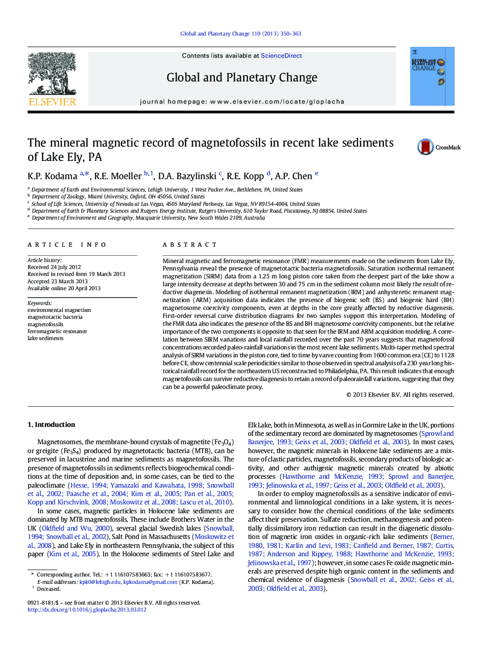 The mineral magnetic record of magnetofossils in recent lake sediments of Lake Ely, PA