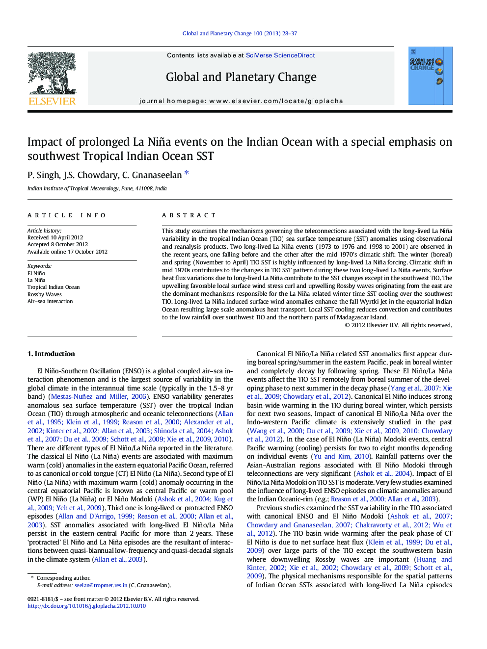 Impact of prolonged La Niña events on the Indian Ocean with a special emphasis on southwest Tropical Indian Ocean SST