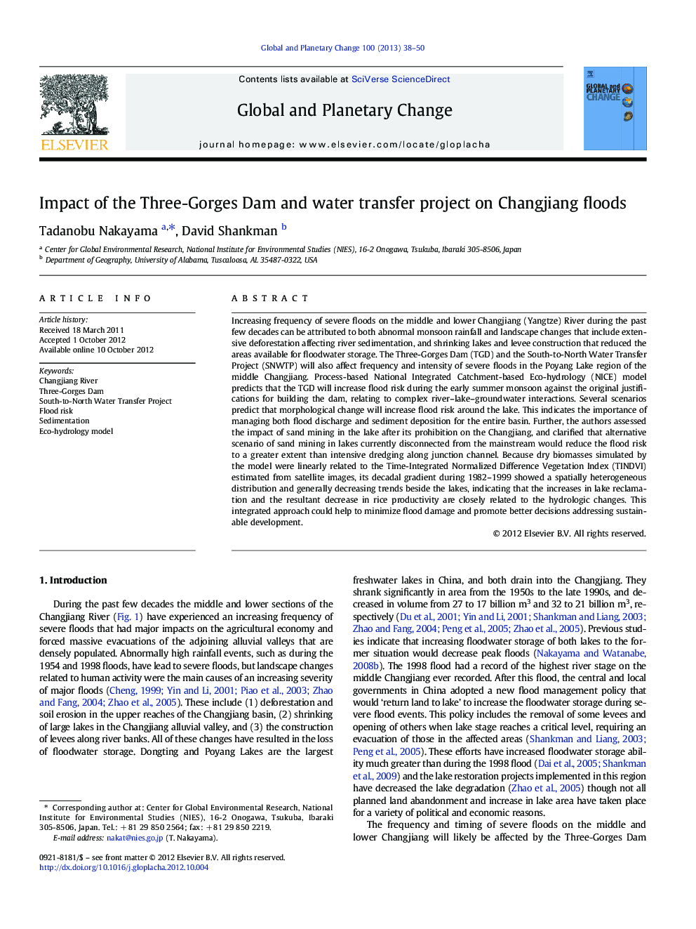 Impact of the Three-Gorges Dam and water transfer project on Changjiang floods