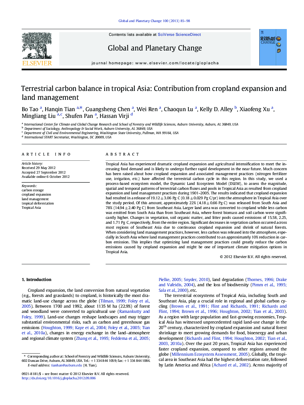 Terrestrial carbon balance in tropical Asia: Contribution from cropland expansion and land management