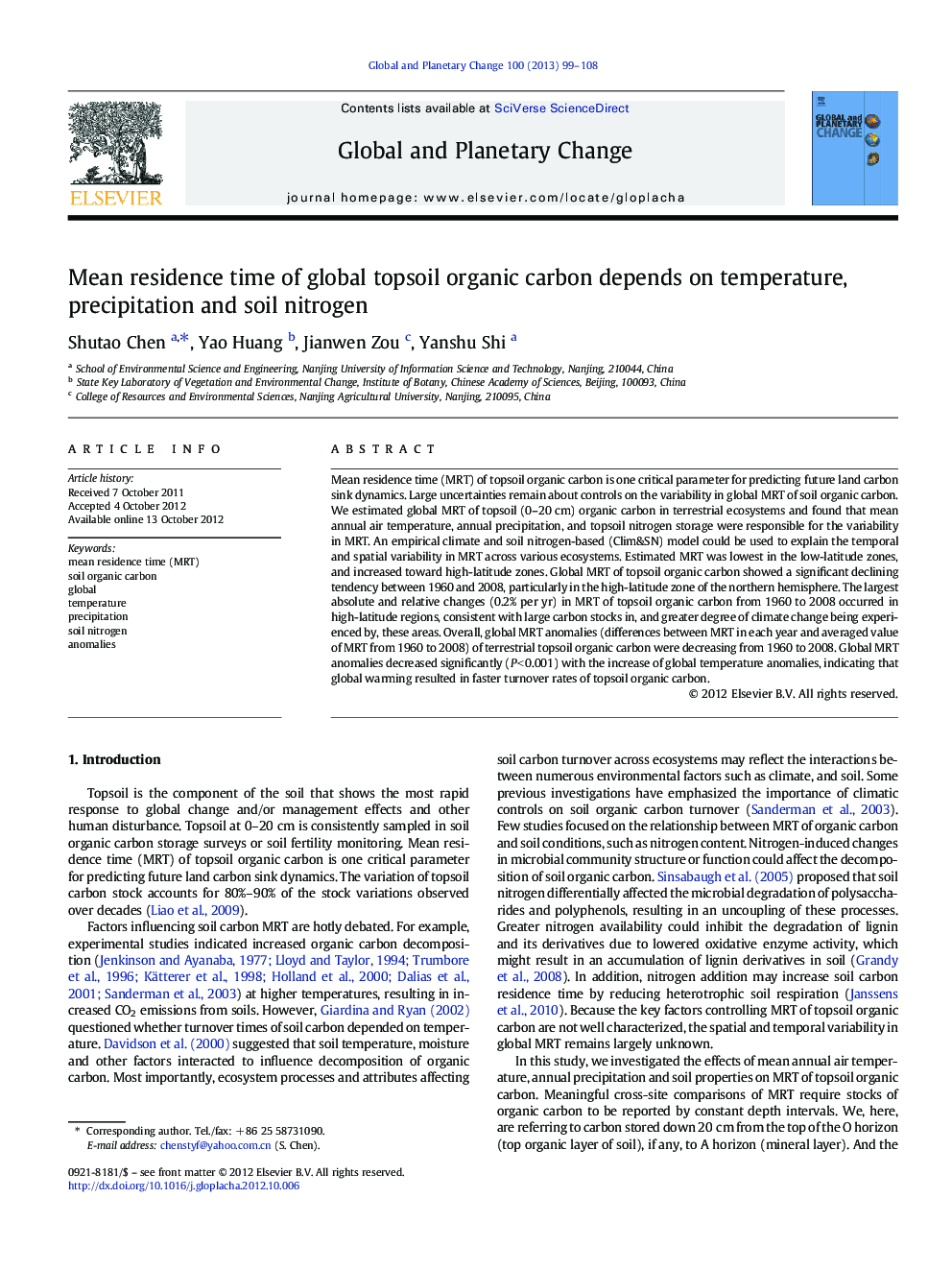 Mean residence time of global topsoil organic carbon depends on temperature, precipitation and soil nitrogen