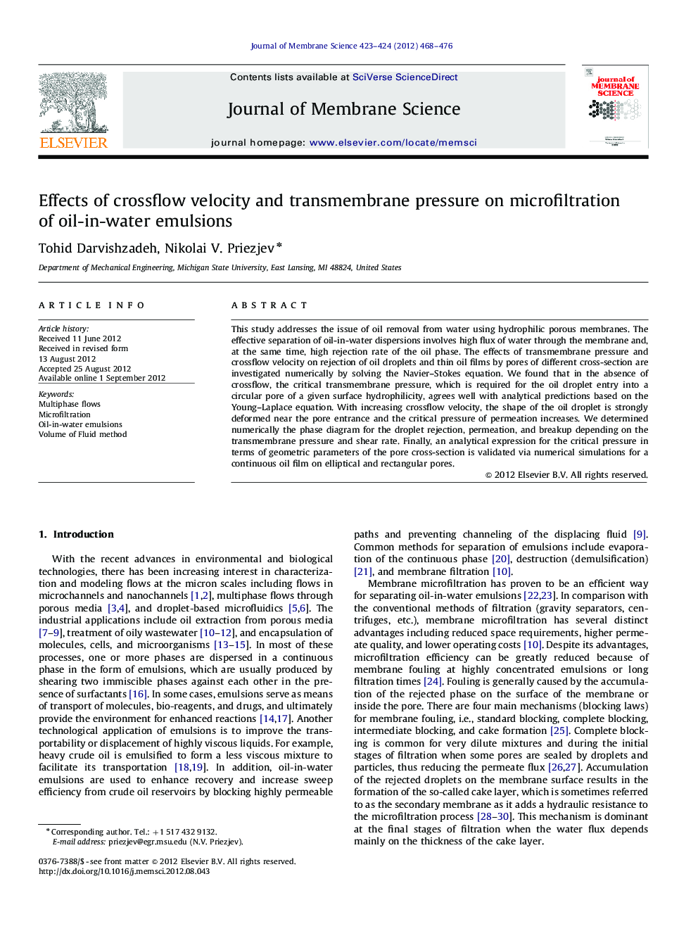 Effects of crossflow velocity and transmembrane pressure on microfiltration of oil-in-water emulsions