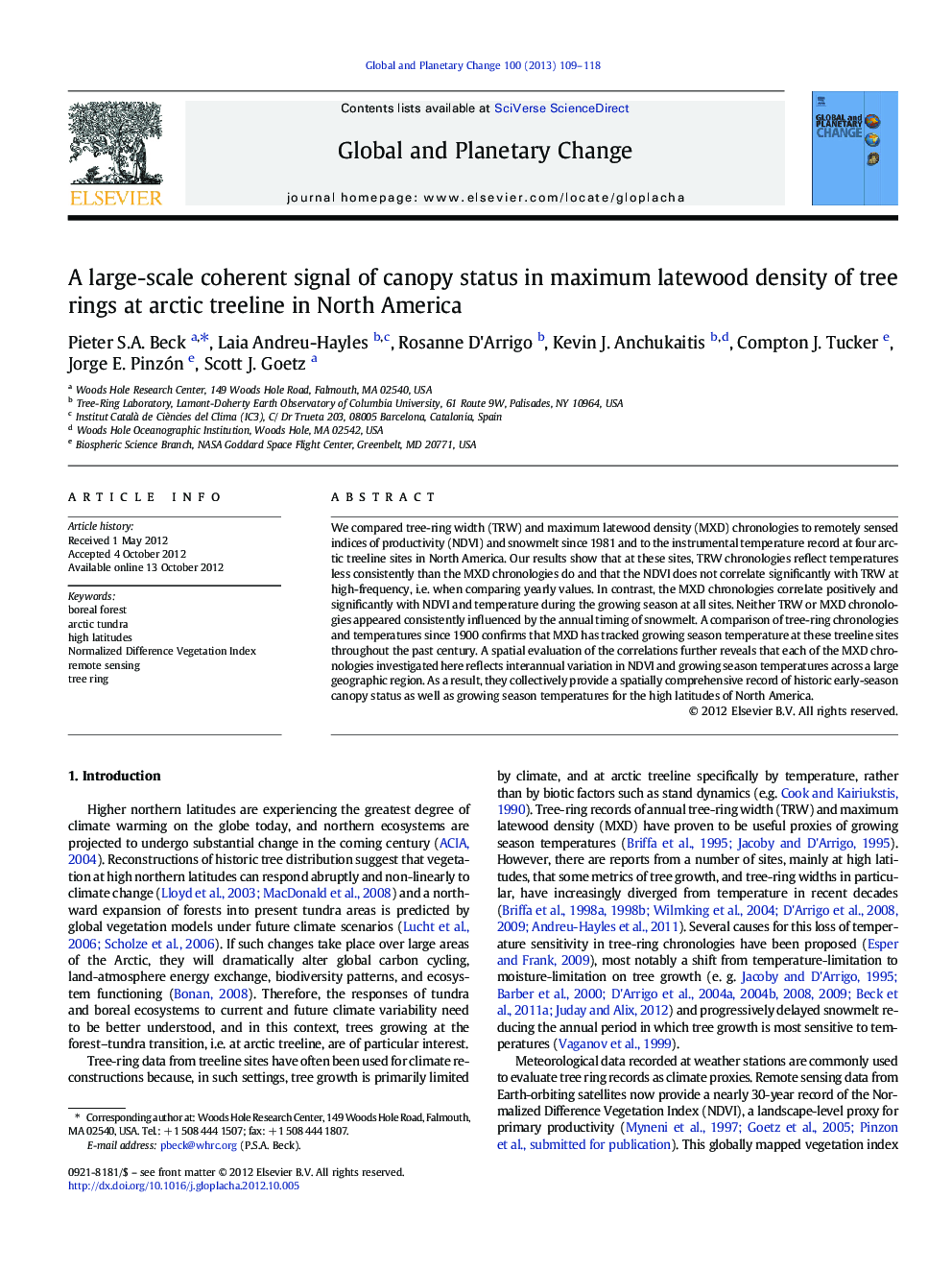 A large-scale coherent signal of canopy status in maximum latewood density of tree rings at arctic treeline in North America