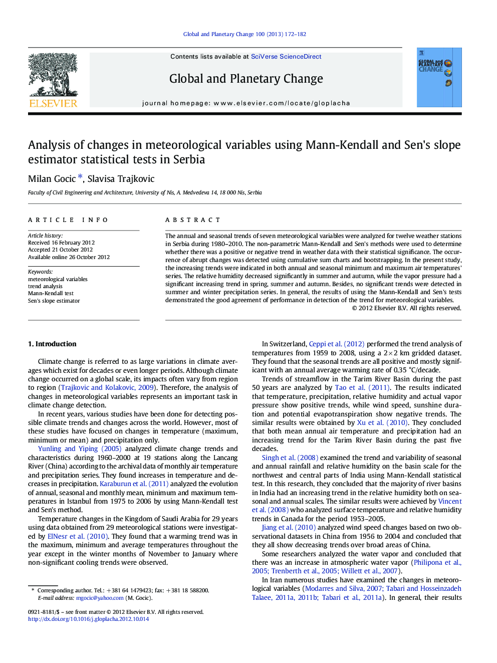 Analysis of changes in meteorological variables using Mann-Kendall and Sen's slope estimator statistical tests in Serbia