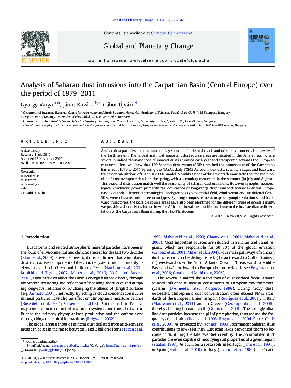 Analysis of Saharan dust intrusions into the Carpathian Basin (Central Europe) over the period of 1979-2011