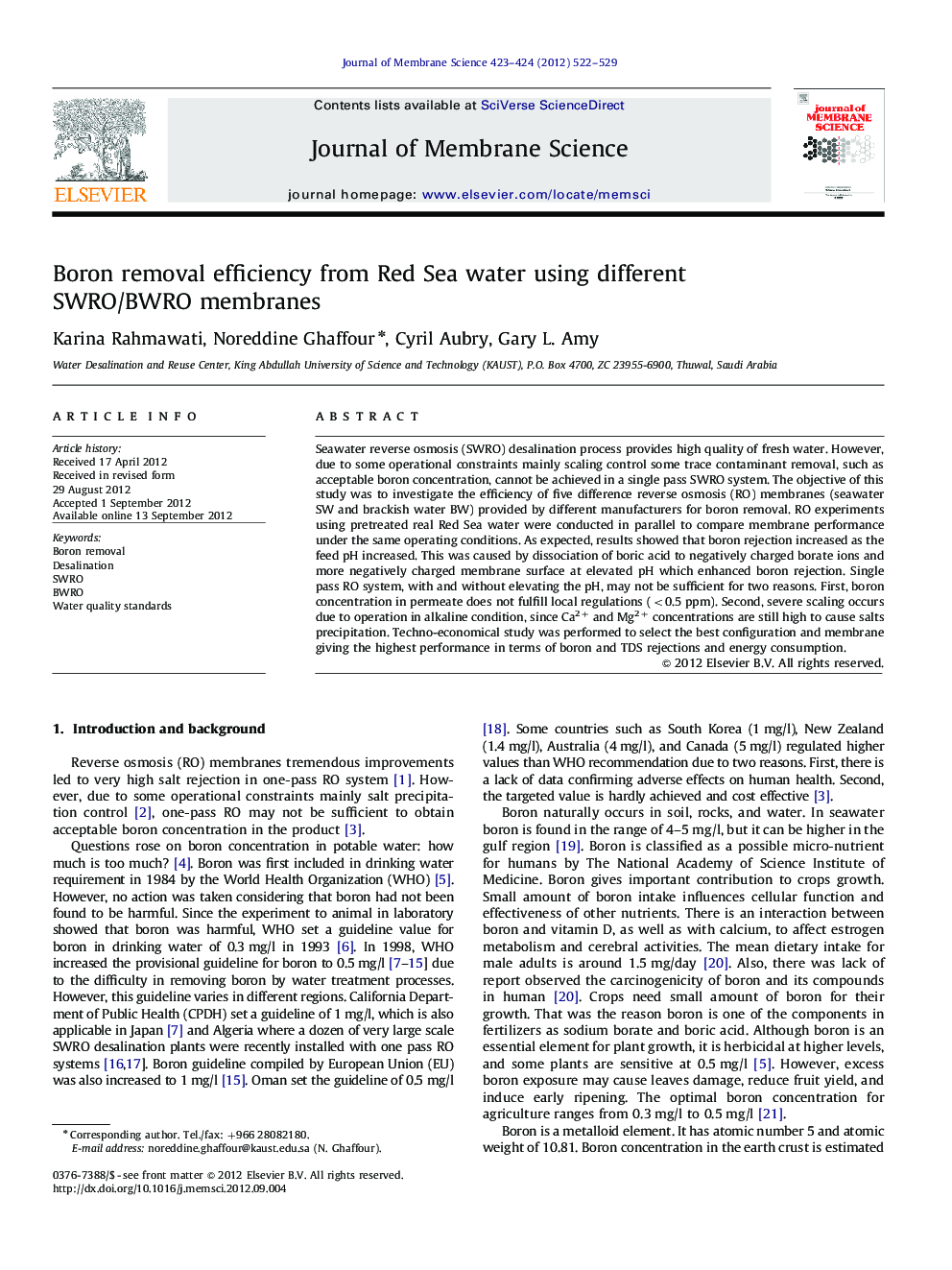 Boron removal efficiency from Red Sea water using different SWRO/BWRO membranes