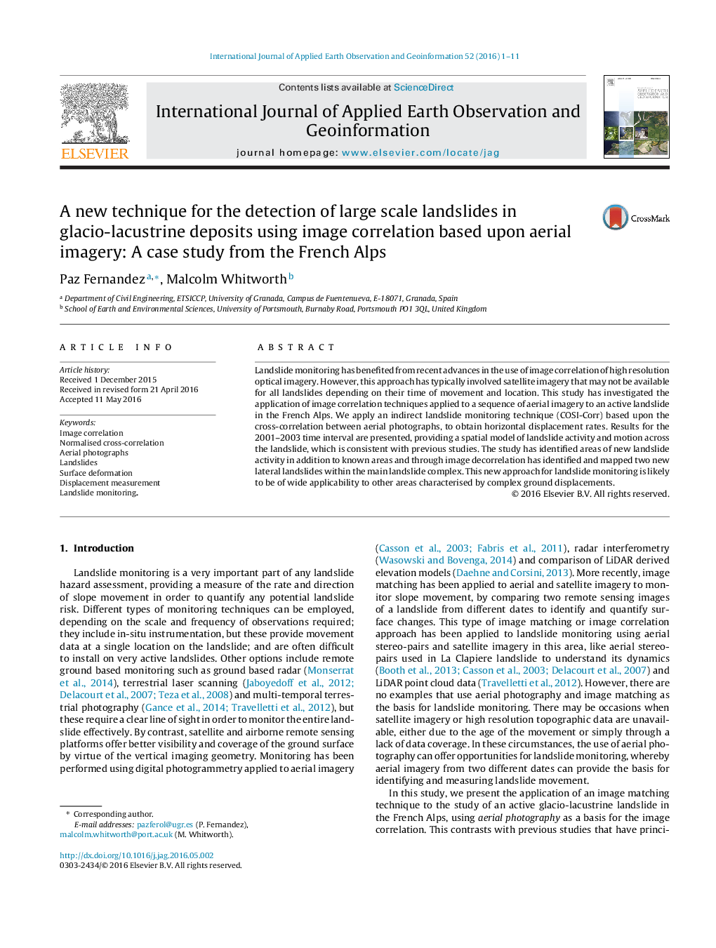 A new technique for the detection of large scale landslides in glacio-lacustrine deposits using image correlation based upon aerial imagery: A case study from the French Alps