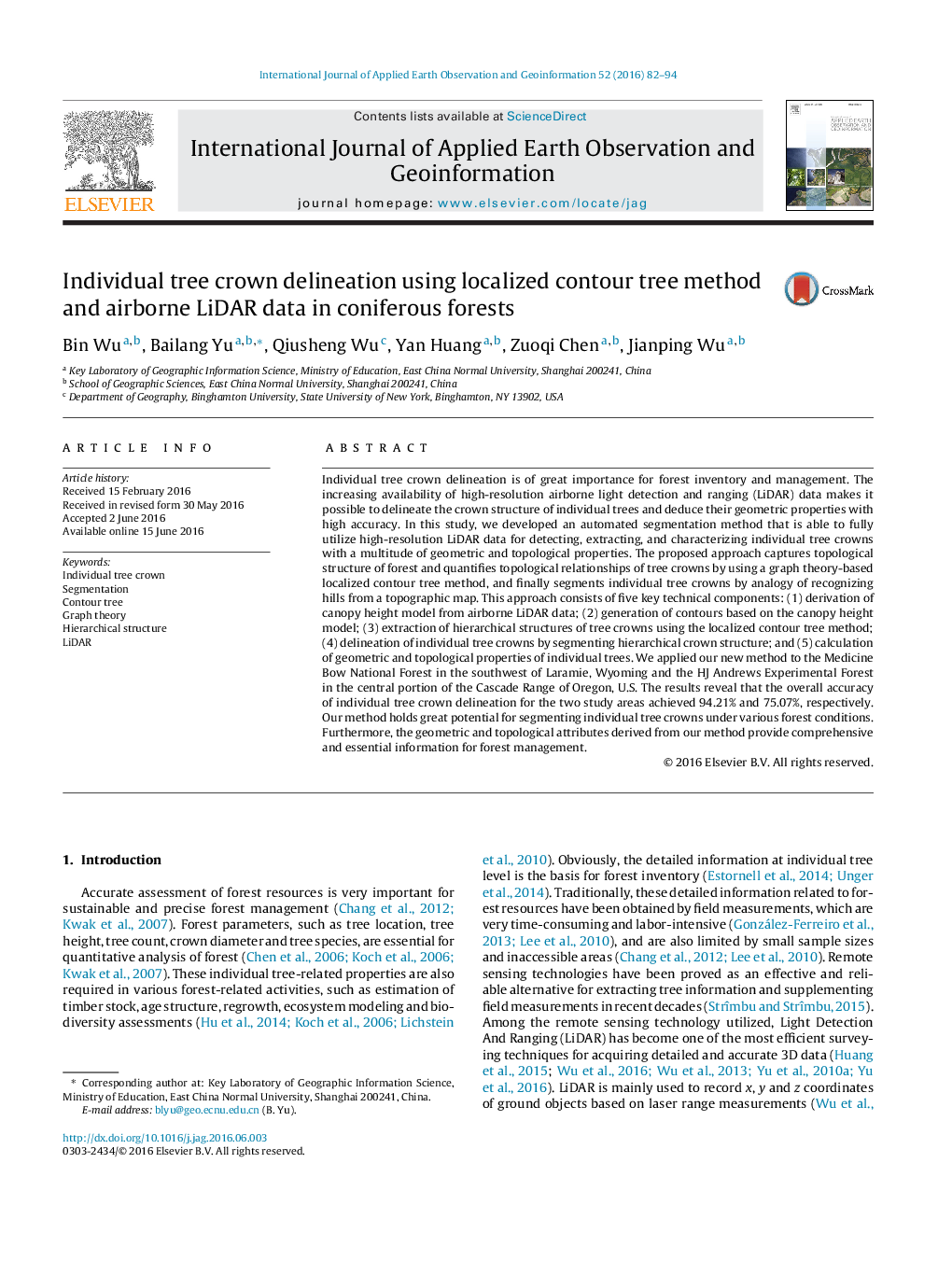 Individual tree crown delineation using localized contour tree method and airborne LiDAR data in coniferous forests